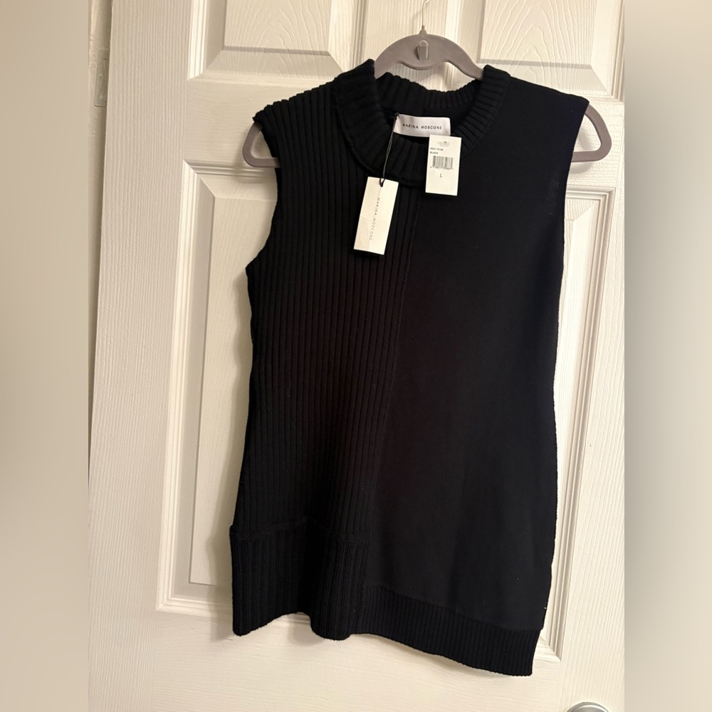 Marina Moscone Black Sleeveless Knit Sweater Virgin Wool Silk Blend Size L NWT - Picture 6 of 9